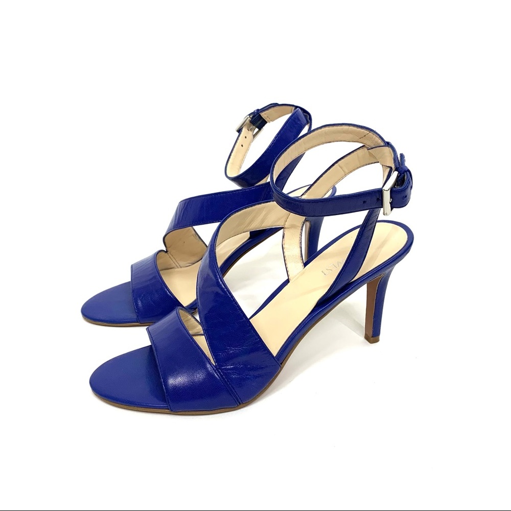 Nine West Blue Leather Ankle Cross Wave Wrap Strap Adjustable Ankle Heels Sz 8.5
